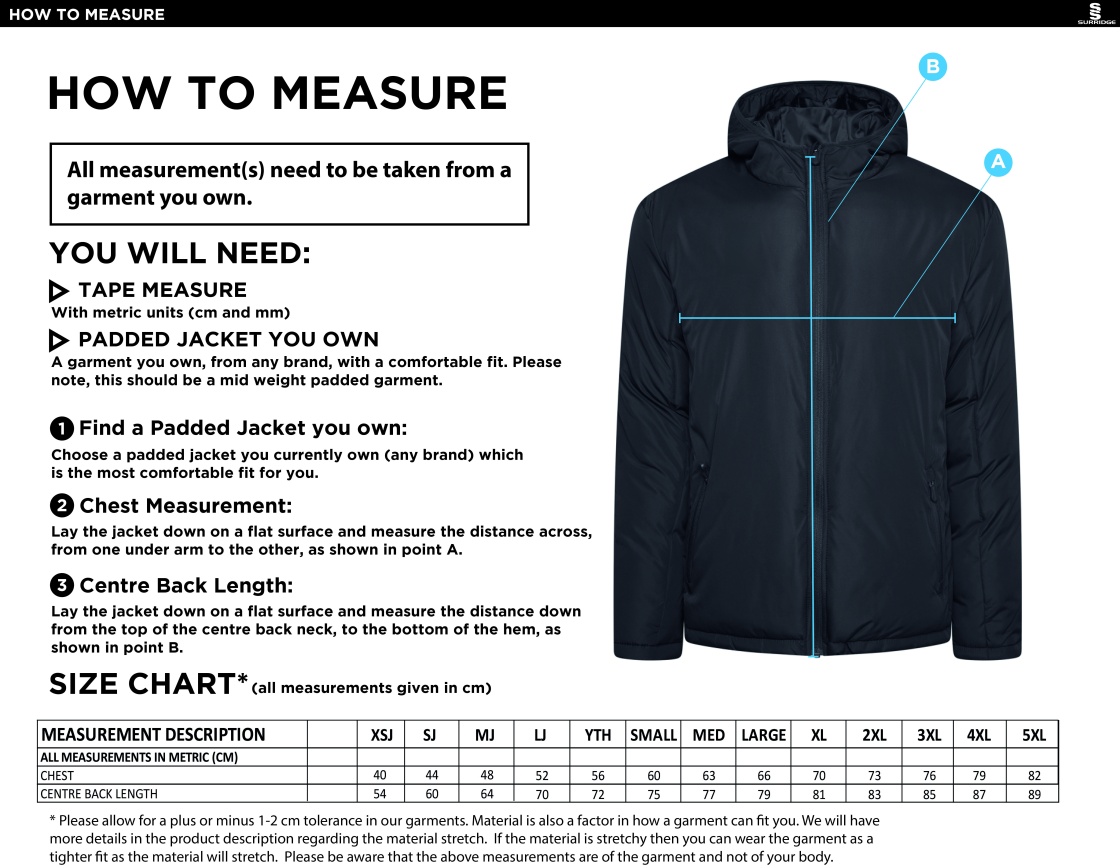 Laund Hill AFC - Active Padded Jacket - Unisex Fit - Size Guide