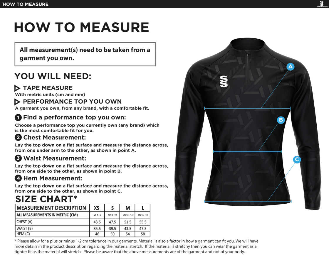 Laund Hill AFC - Impact 1/4 Zip Performance Top - Black - Women's Fit - Size Guide